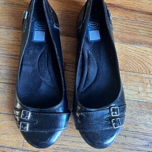 Dr. Scholl's Classic Black Patent Vegan Leather Flats with Dual Buckle